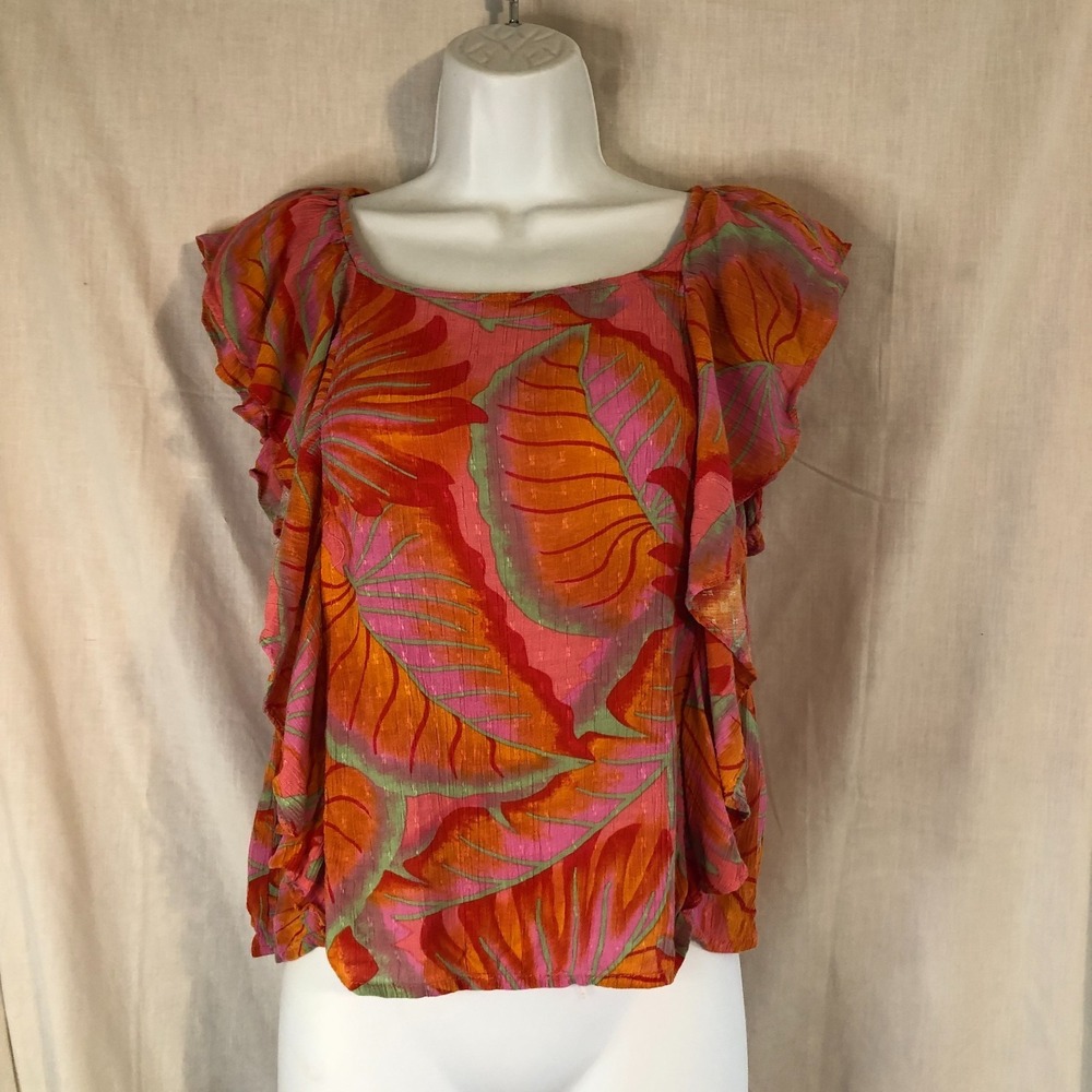 Cynthia Rowley Tropical Floral Ruffle Rayon Pullover Blouse Size M